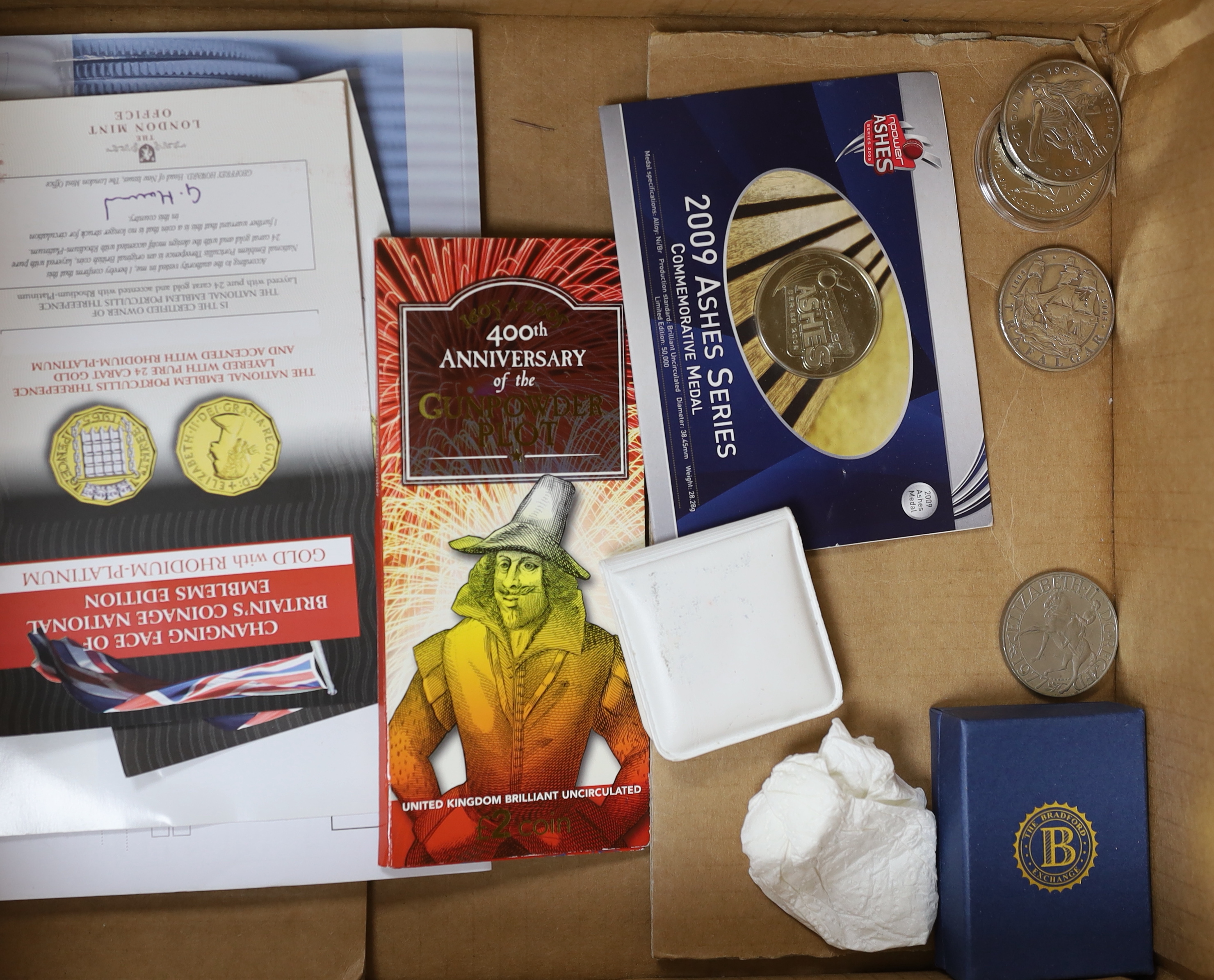 QEII coin issues - The London Mint office Britannia £5 coin and banknote tribute set, The 2008 & undated 20p coin set French, changing face of Britain’s coinage national emblems edition, Royal Mint 2012 Olympics 50p cycl